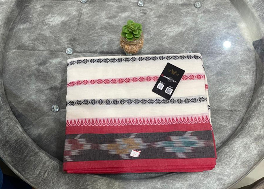 Dhaniakhali/Dhonekhali Cotton Saree – White, Red & Black