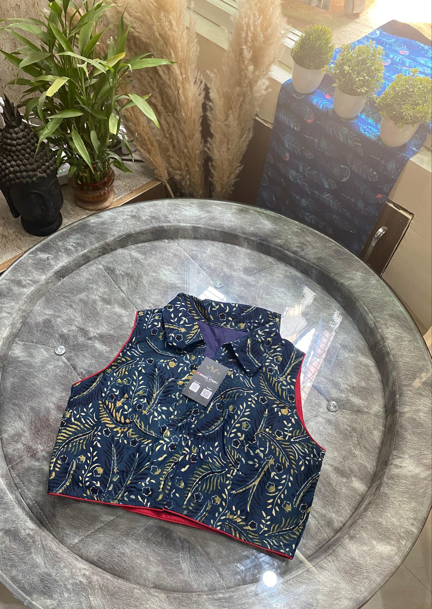 Ajrakh Sleeveless Blouse - Navy Blue