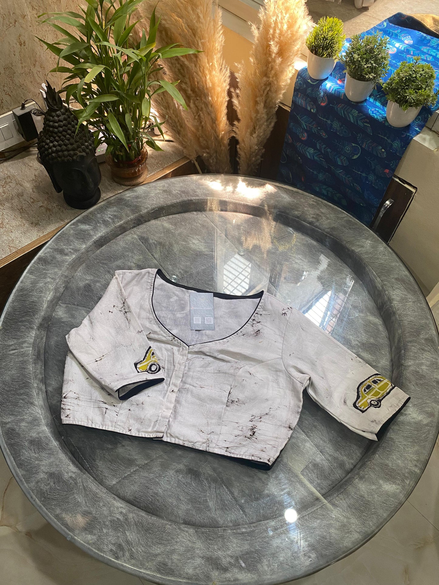 Batik Print Glass Sleeves Blouse - Off white