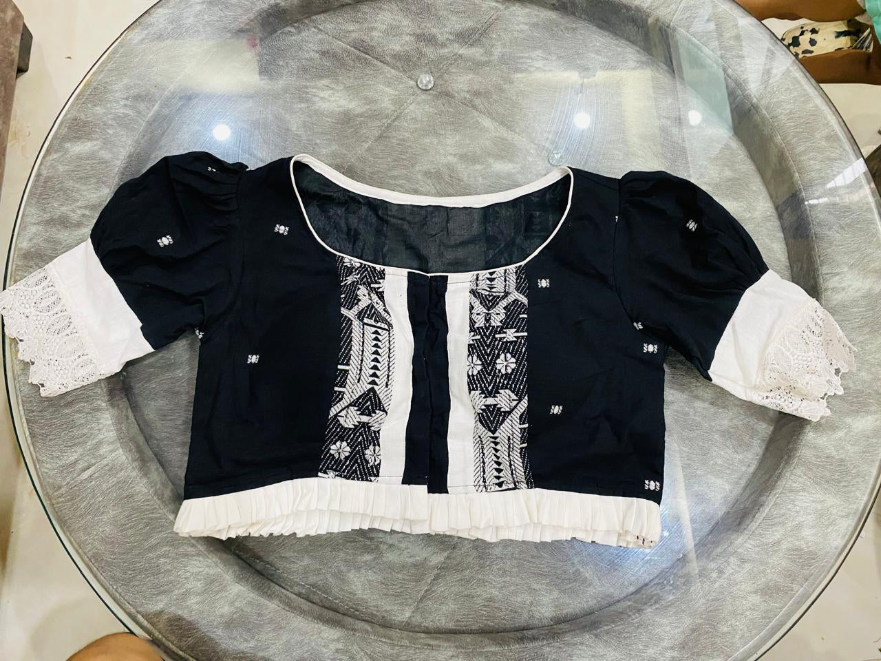 Jamdani Puff Sleeves Blouse - Black