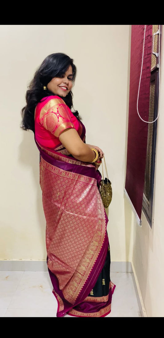Traditional Blended Silk Saree - Pink & Black