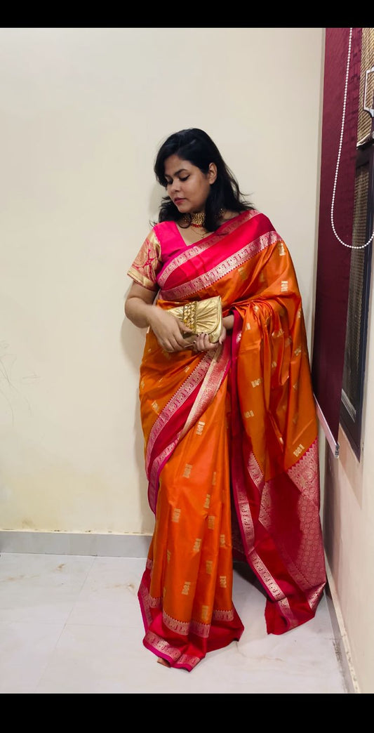 Traditional Blended Silk Saree - Pink & Orange