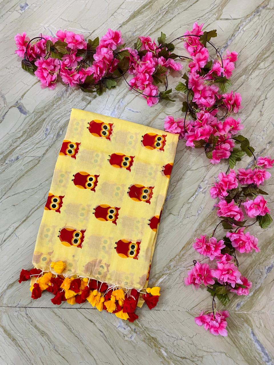 Owl Motif Mul Mul Cotton Saree- Yellow