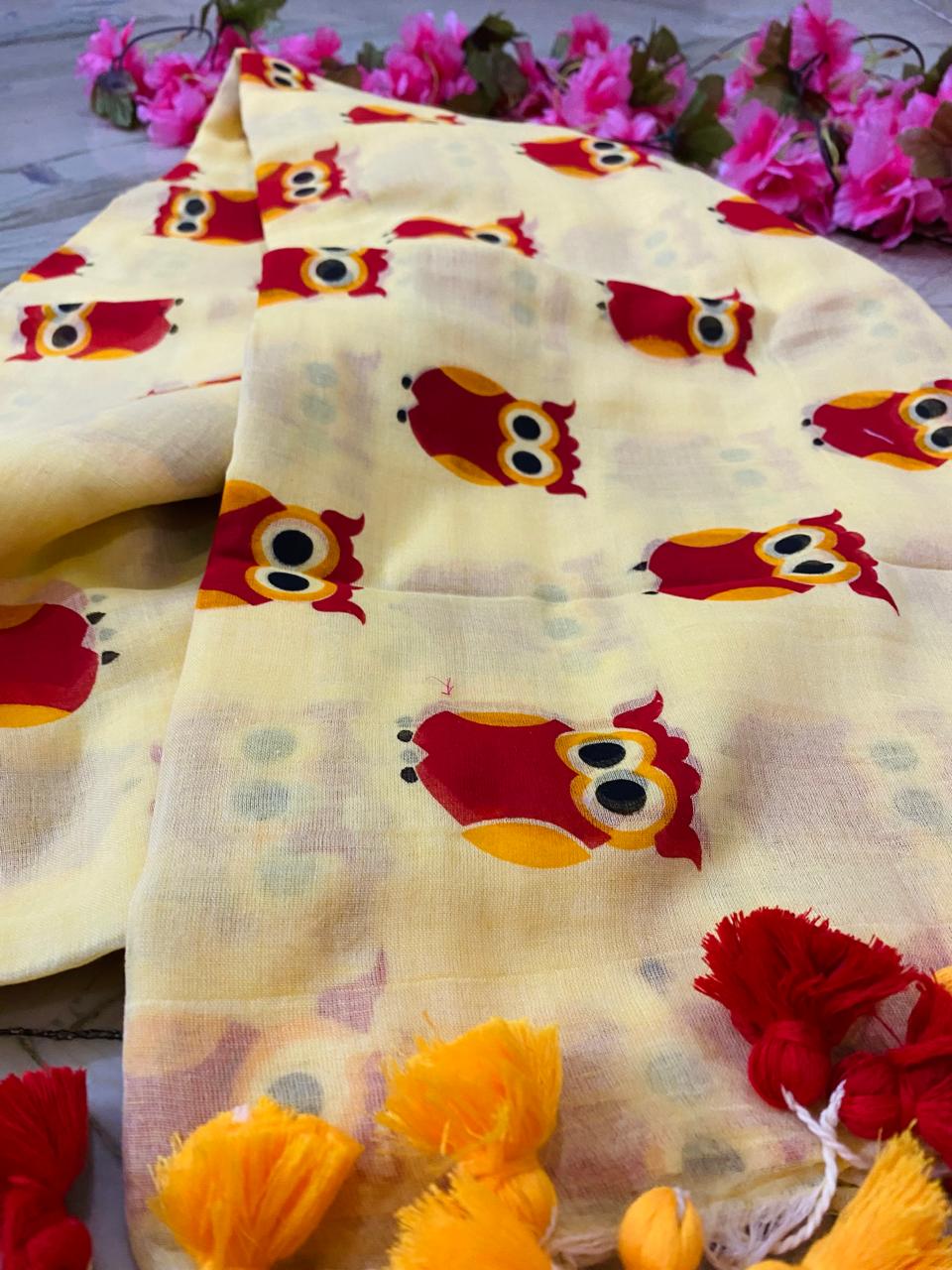 Owl Motif Mul Mul Cotton Saree- Yellow
