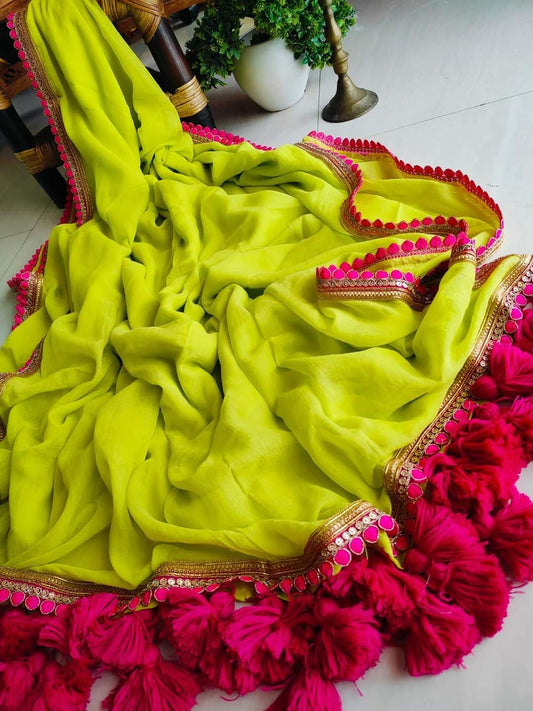 Green Mul Cotton Saree with Pink tassels and lace