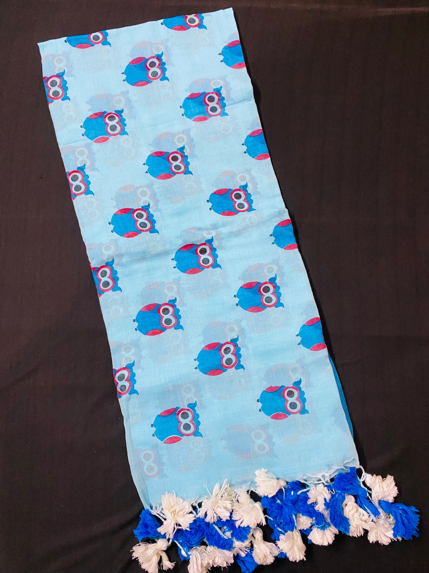 Owl Motif Mul Mul Cotton Saree- Blue