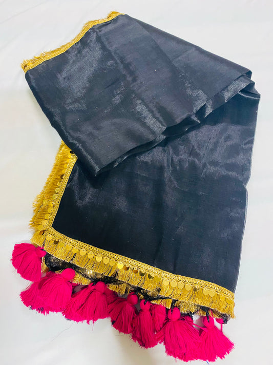 Maharani: Raga Tissue Saree with golden lace & tassles (Black)
