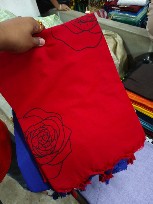 Gulaabo: Rose Handblock Print Saree (Red)