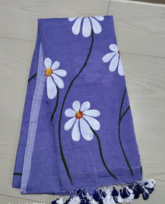 Gulbahaar: Daisy Handpainted Mul Cotton Saree (Lavender)