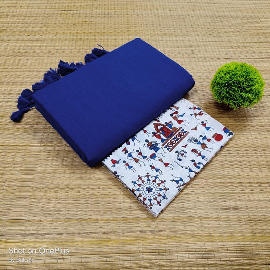Khadi Cotton saree with Kalamkari Blouse (Royal Blue)
