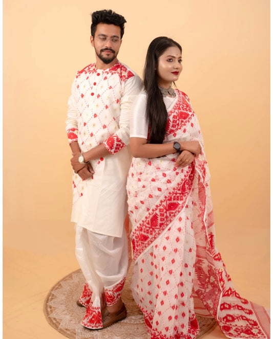 Jamdani Saree and Men Kurta Set: Red and White