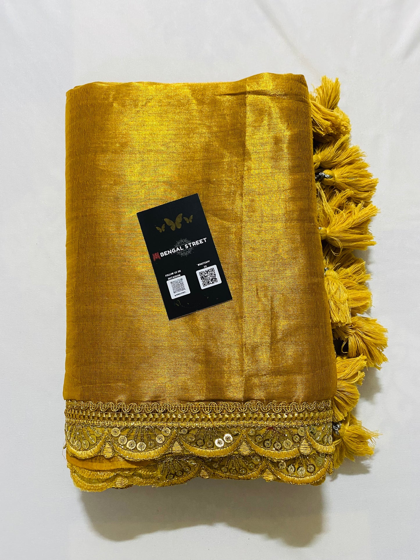 Sajja: Raga Tissue Saree with lace & tassles (dual tone gold)
