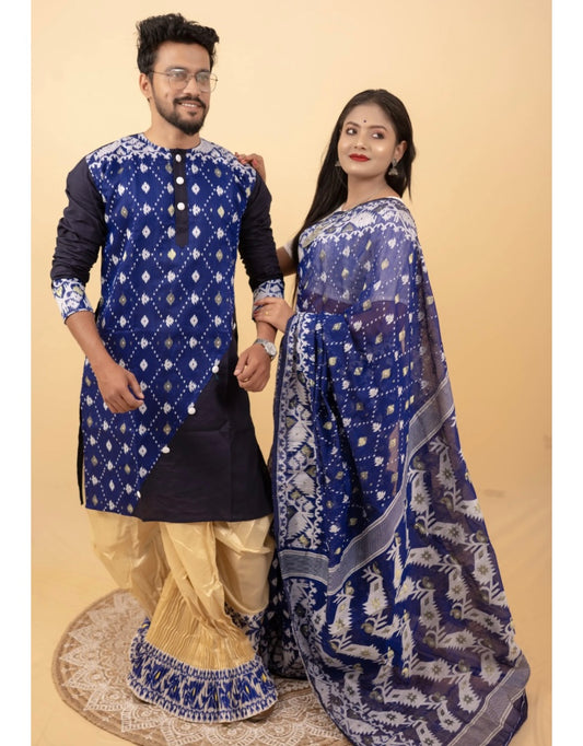 Jamdani Saree and Men Kurta Set: Blue