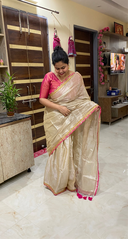 Sajja: Raga Tissue Saree with lace & tassles (beige)