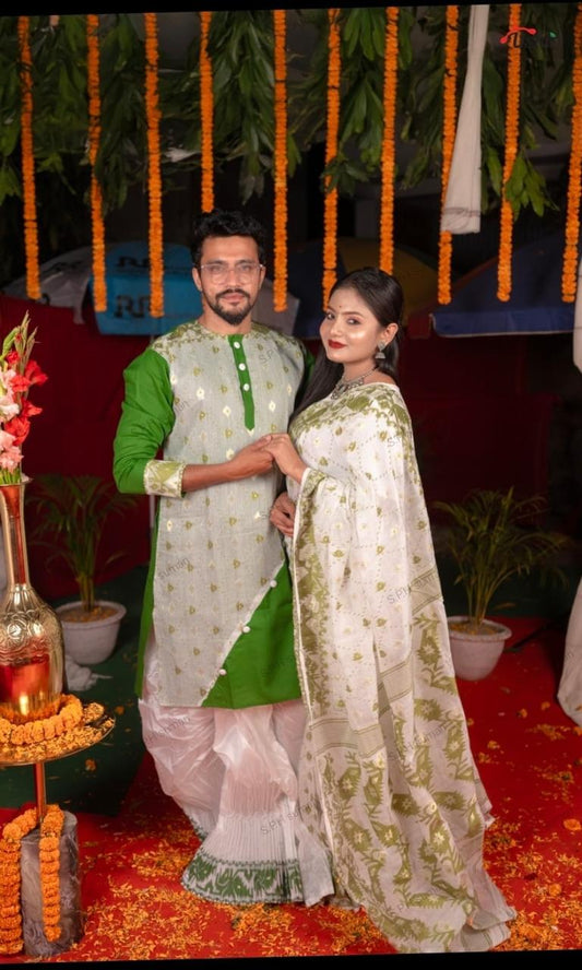 Jamdani Saree and Men Kurta Set: Green and White