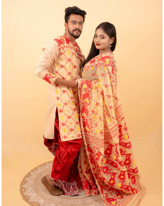 Jamdani Saree and Men Kurta Set: Golden Yellow