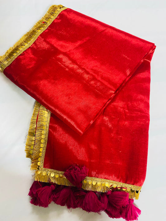 Maharani: Raga Tissue Saree with golden lace & tassles (Red)