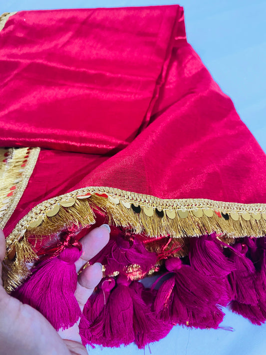 Maharani: Raga Tissue Saree with golden lace & tassles (Red)