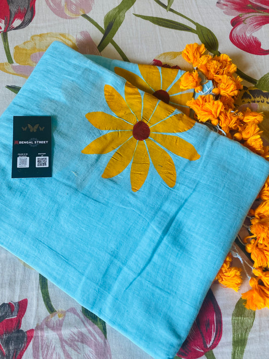 Surajmukhi: Sunflower Handpainted Mul Cotton Saree (Blue)