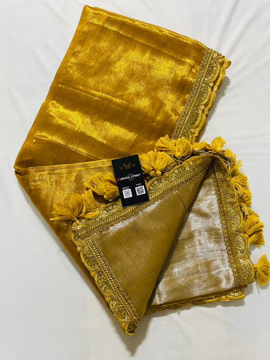Sajja: Raga Tissue Saree with lace & tassles (dual tone gold)