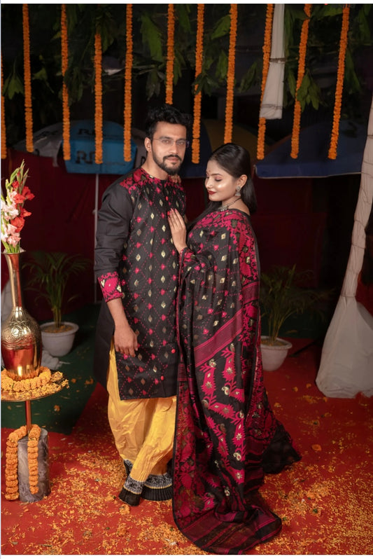 Jamdani Saree and Men Kurta Set: Black