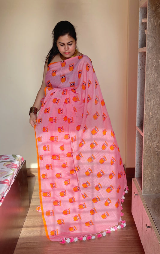 Owl Motif Mul Mul Cotton Saree- Pink