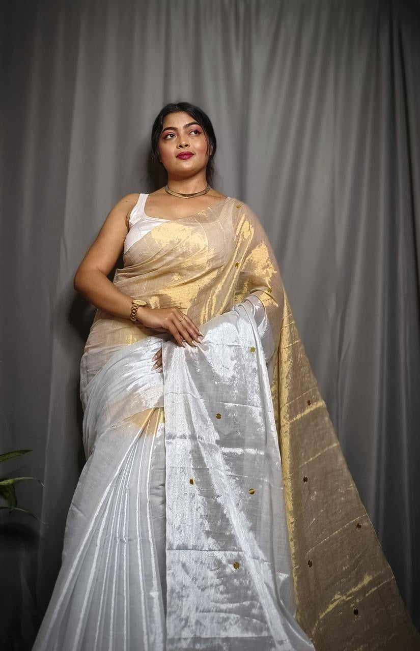 Sona Chaandi: Half & Half Raga Tissue Saree with Gini & Tassels