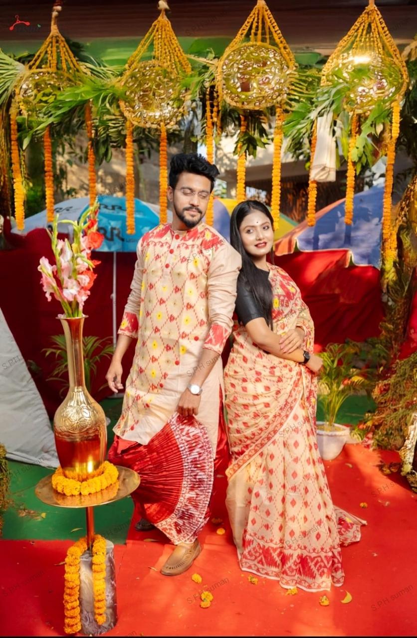 Jamdani Saree and Men Kurta Set: Golden Yellow