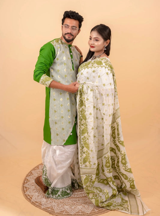 Jamdani Saree and Men Kurta Set: Green and White