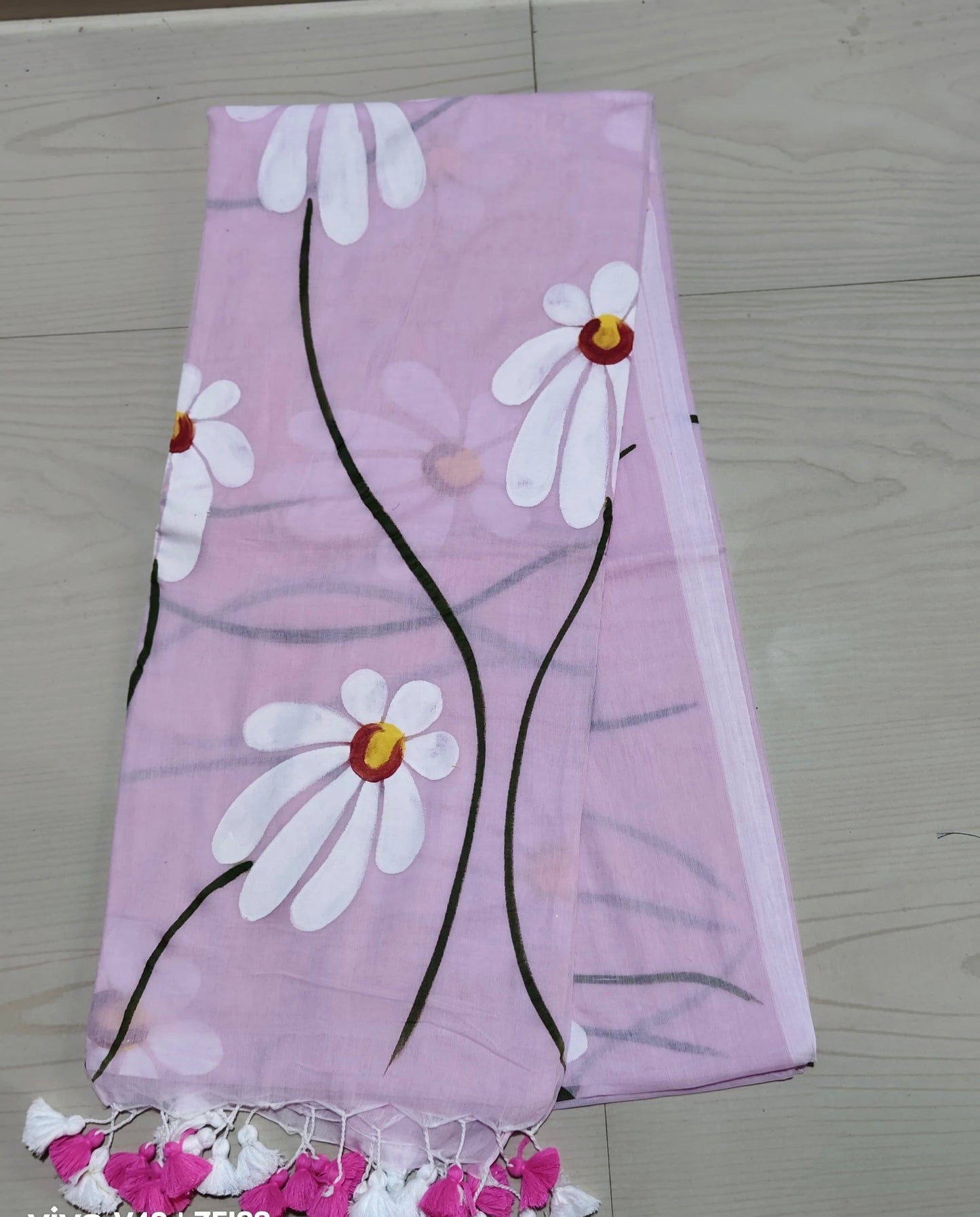 Handpainted Mul Cotton Saree - Baby Pink