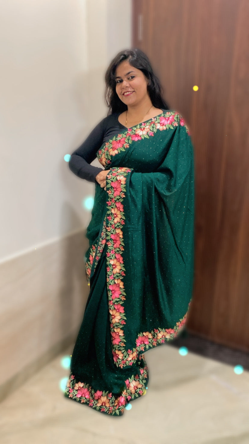 Vichitra Silk Saree: Bottle Green Colour