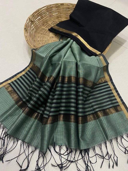 Cotton Silk Maheshwari Saree - Black & Sea Green