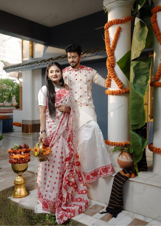 Jamdani Saree and Men Kurta Set: Red and White