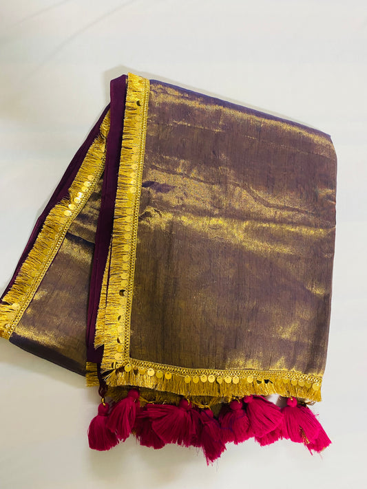 Maharani: Raga Tissue Saree with golden lace & tassles (Rose Gold)