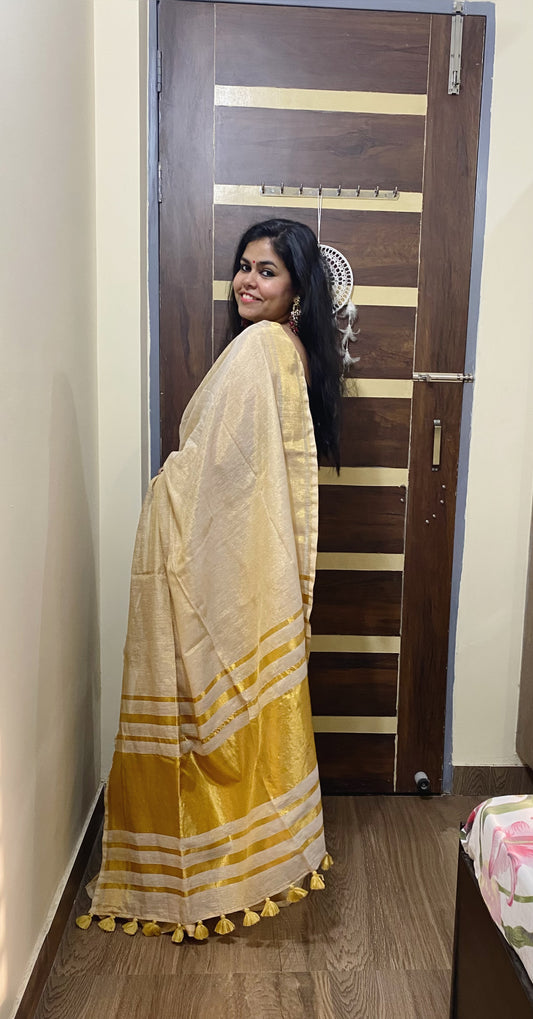 Tissue Linen with Zari Pallu : Golden Colour
