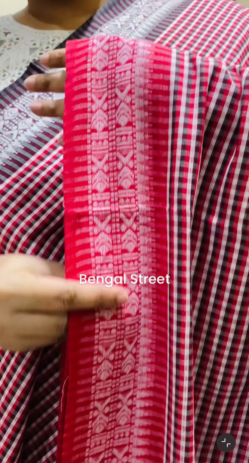 Dhaniakhali/Dhonekhali Cotton Saree – Black,White & Red Checks