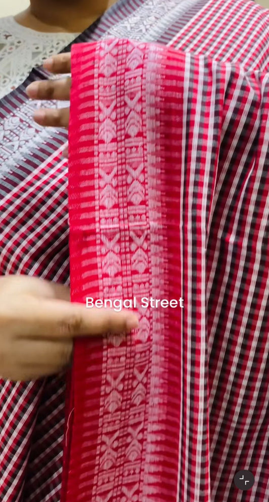 Dhaniakhali/Dhonekhali Cotton Saree – Black,White & Red Checks
