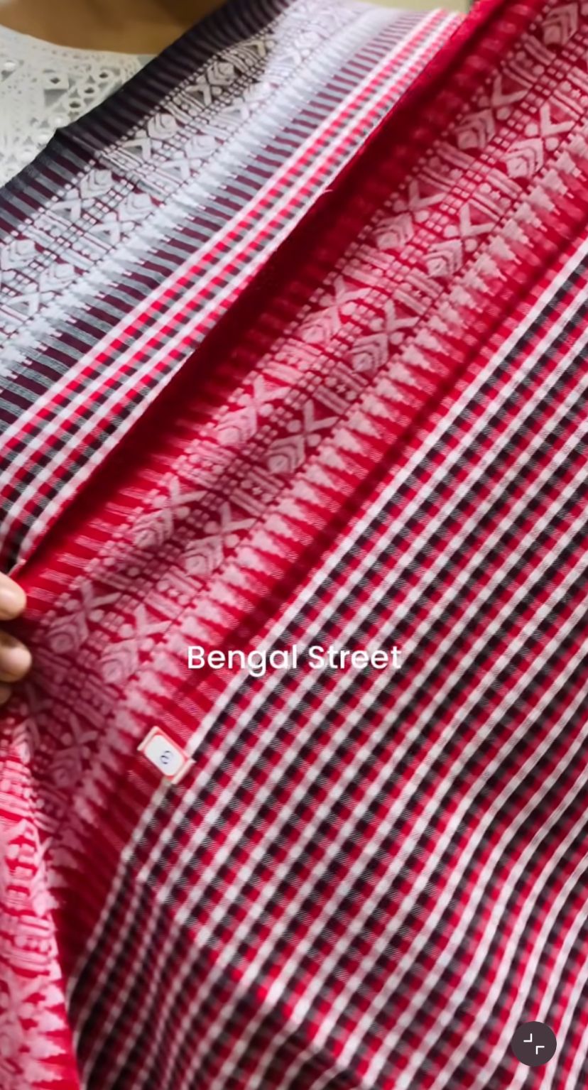 Dhaniakhali/Dhonekhali Cotton Saree – Black,White & Red Checks