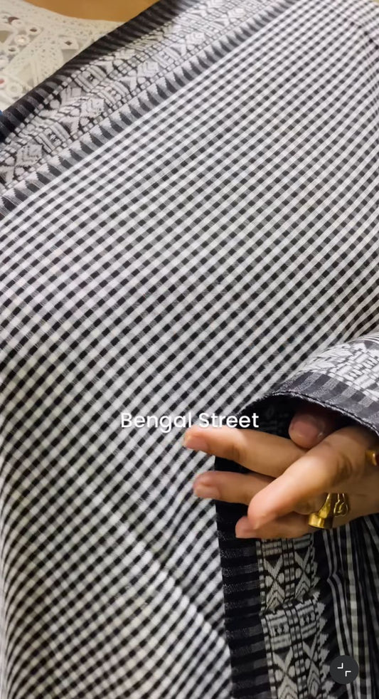 Dhaniakhali/Dhonekhali Cotton Saree – Black & White Checks