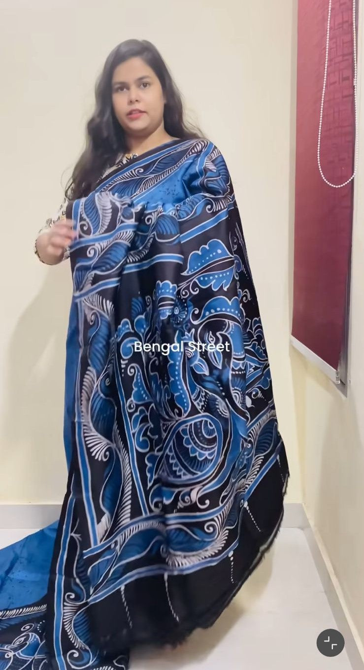 Pure Katan Silk Shorutuli Batik Print Saree - Blue
