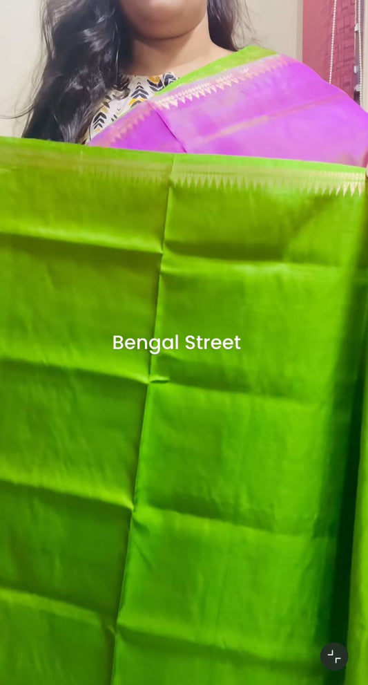 Pure Katan Silk with Mangalgiri Border - Pink & Green