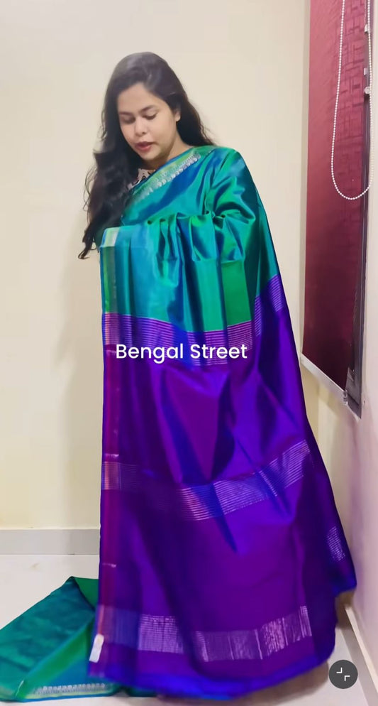 Pure Katan Silk with Mangalgiri Border - Peacock Green