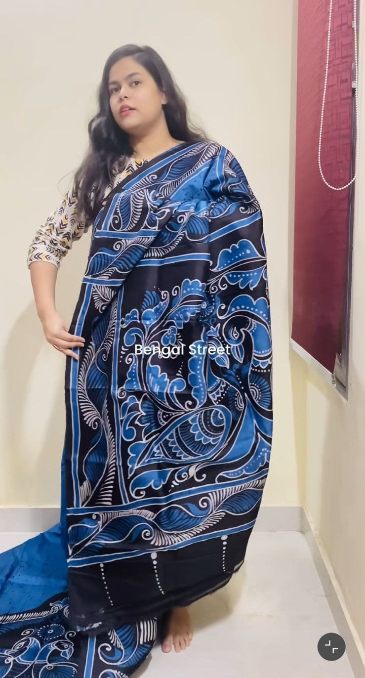 Pure Katan Silk Shorutuli Batik Print Saree - Blue