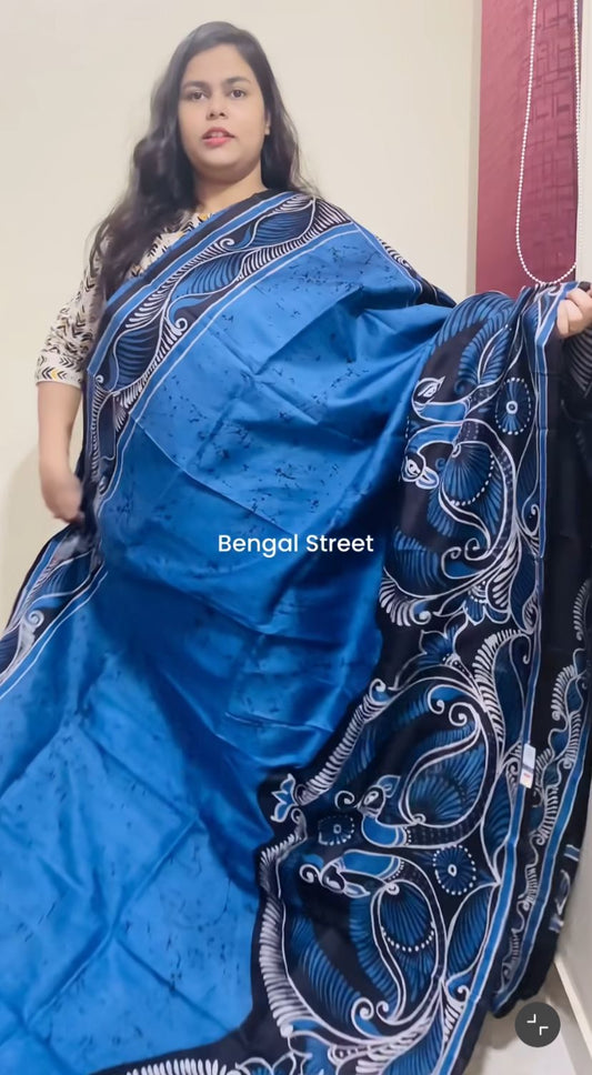 Pure Katan Silk Shorutuli Batik Print Saree - Blue
