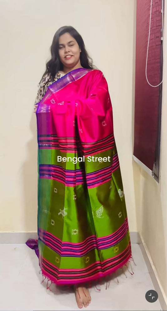 Pure Katan Silk Kalakhetra Saree - Green & Magenta