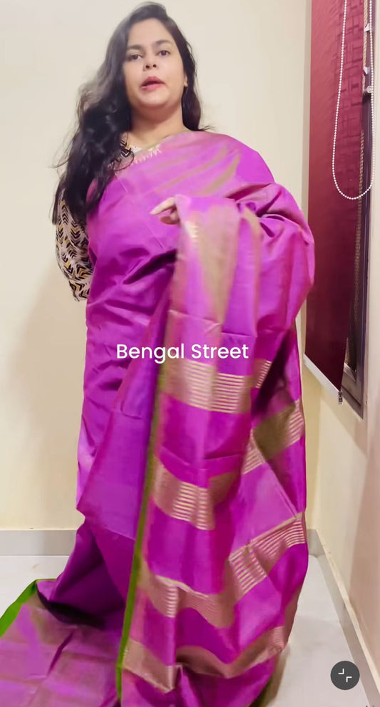 Pure Katan Silk with Mangalgiri Border - Pink & Green