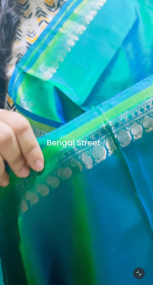 Pure Katan Silk with Mangalgiri Border - Peacock Green