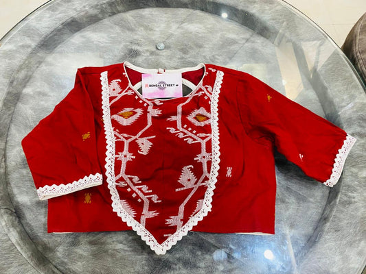 Designer Jamdani Blouse: Red & White