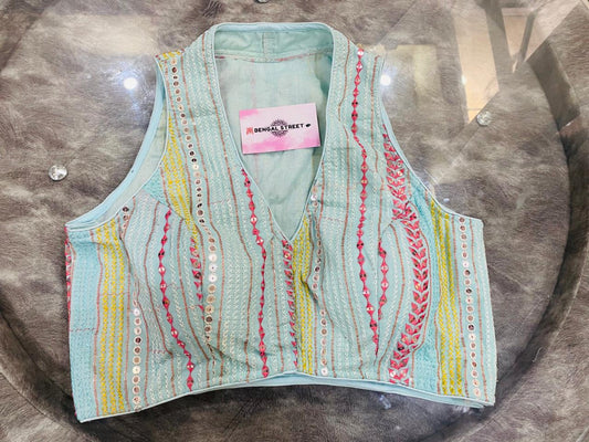 Designer Mirror Work Halter Neck Blouse - Blizzard Blue