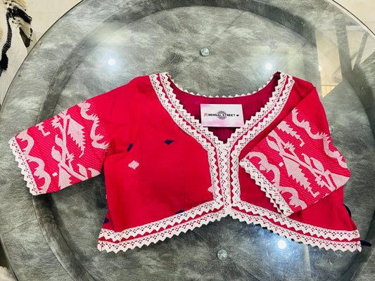 Designer Jamdani Back less Blouse: Hot Pink